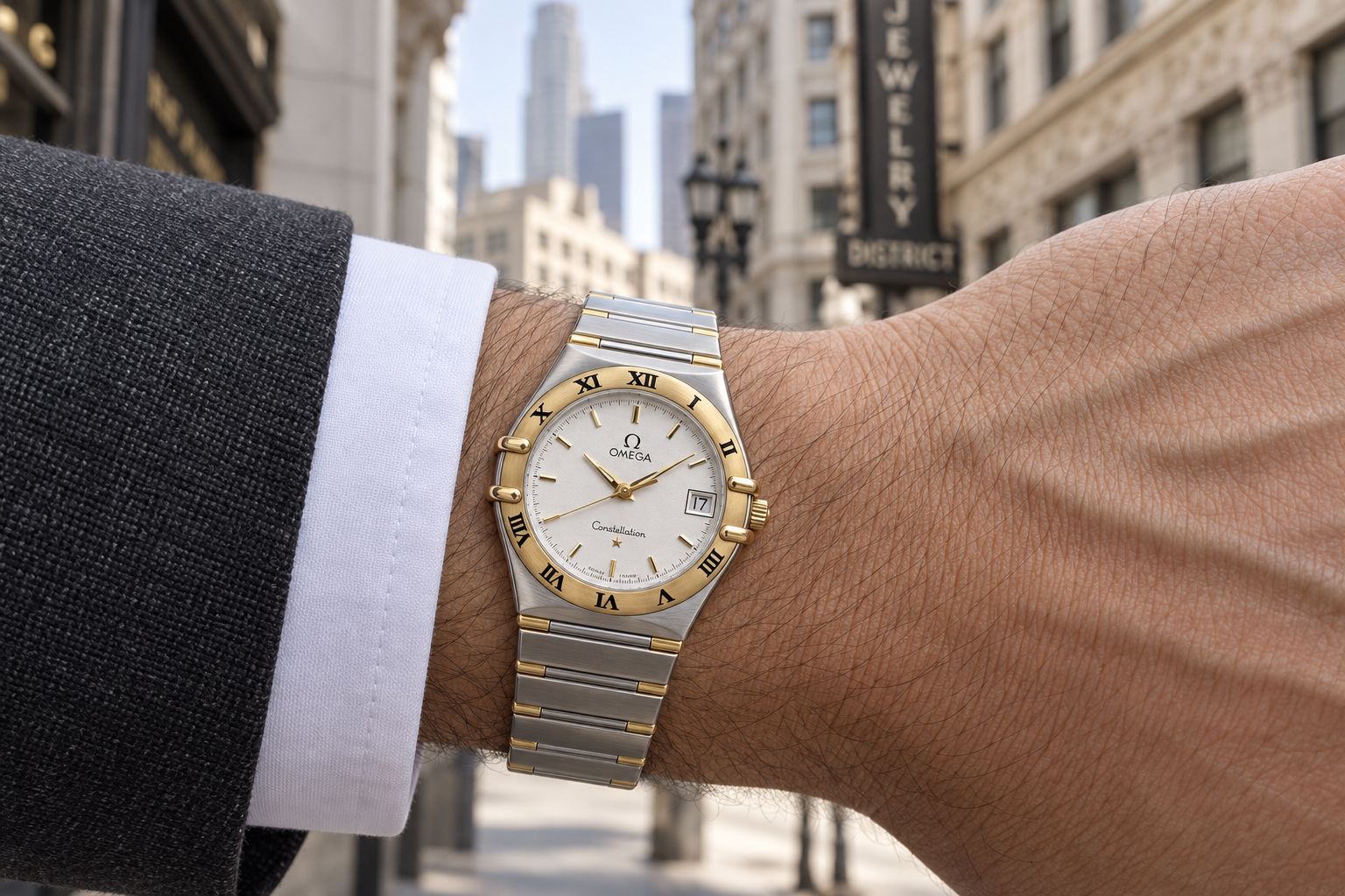 Illustrative wrist styling of a two-tone Omega Constellation in Downtown Los Angeles