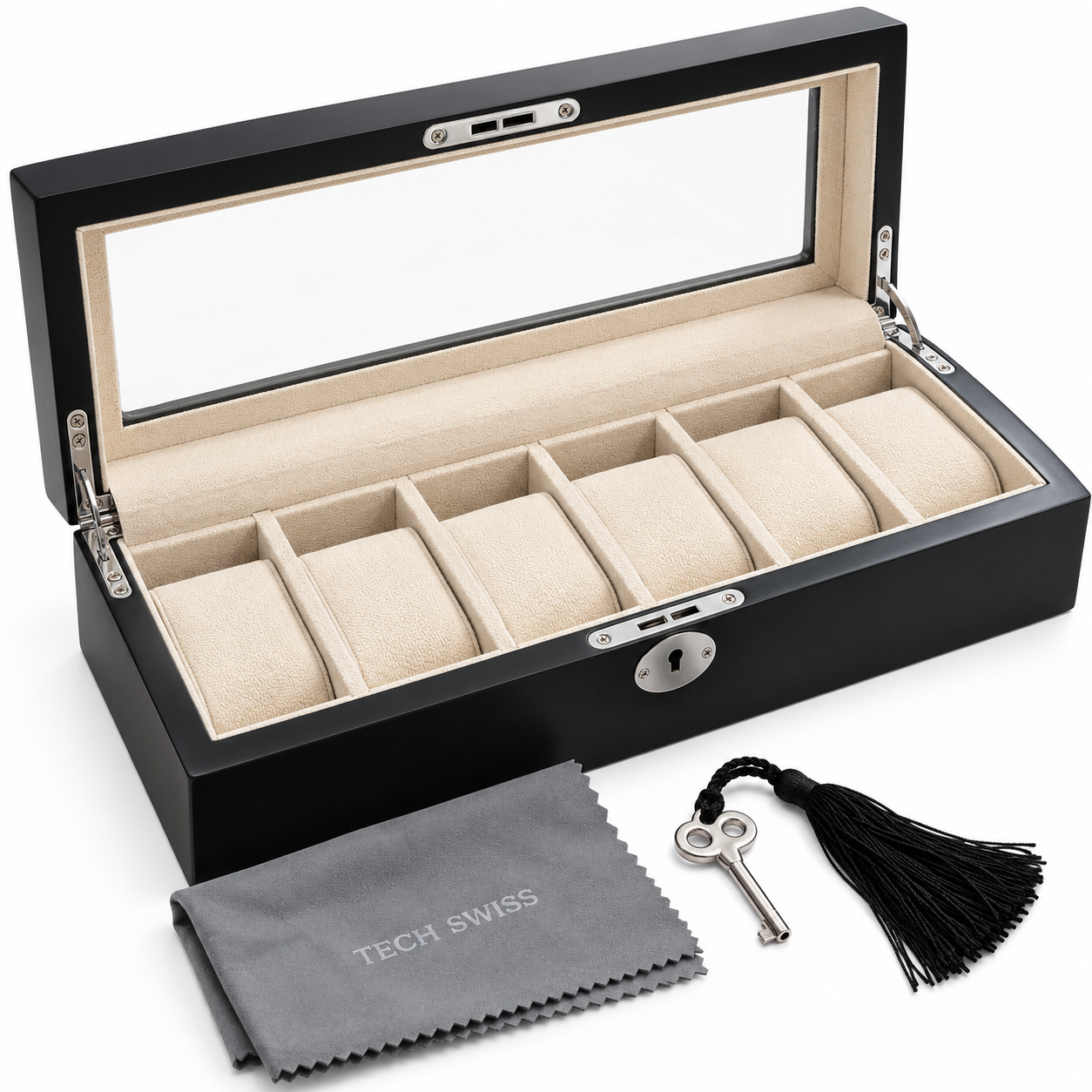Black TechSwiss six-watch display box with cushions, key and cleaning cloth